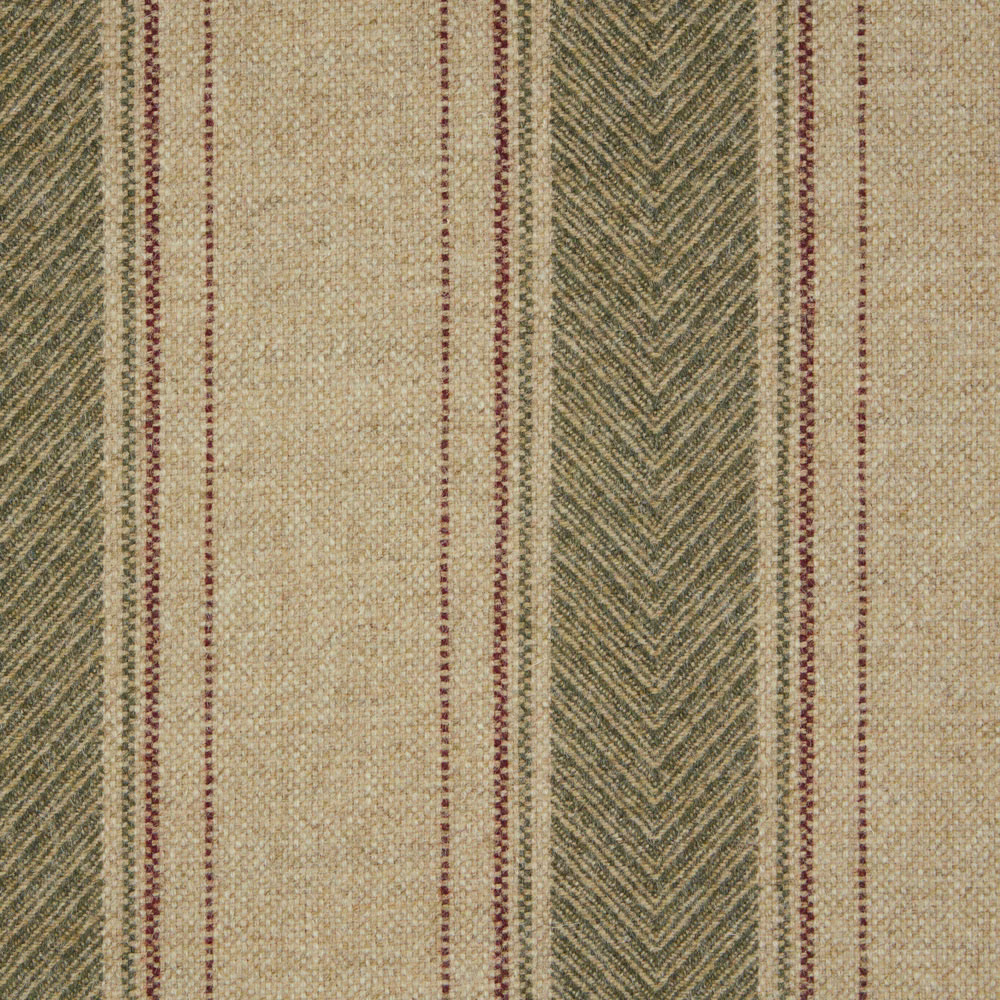 Natural and olive woven stripes with a central chevron and burgundy pinlines