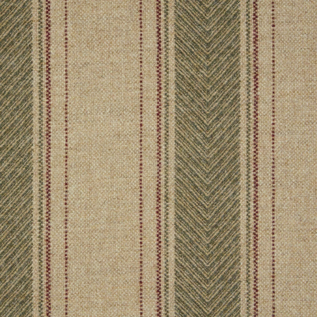 Natural and olive woven stripes with a central chevron and burgundy pinlines