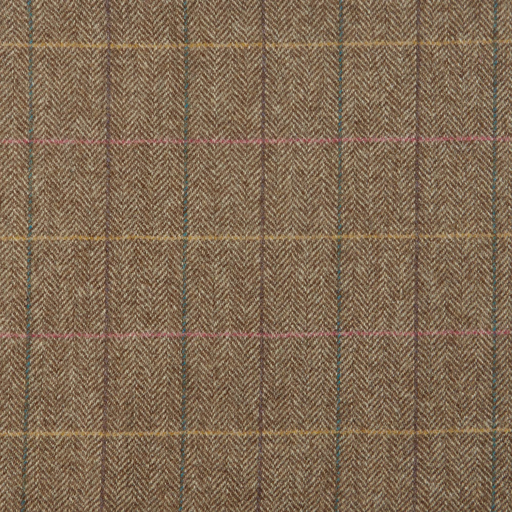 Warm camel herringbone fabric with muted mustard, teal and rose plaid stripes
