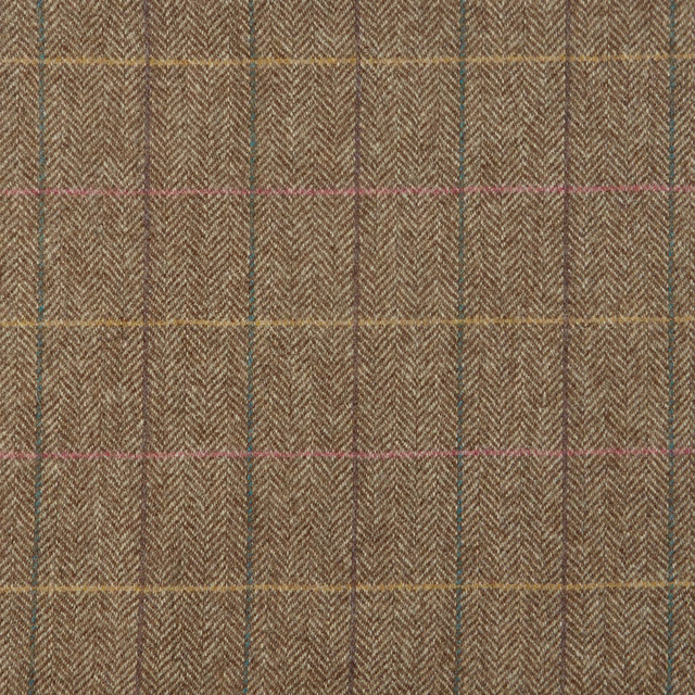 Warm camel herringbone fabric with muted mustard, teal and rose plaid stripes