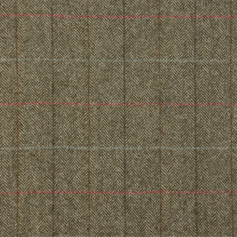 Forest olive herringbone plaid with fine red and blue-grey woven stripes