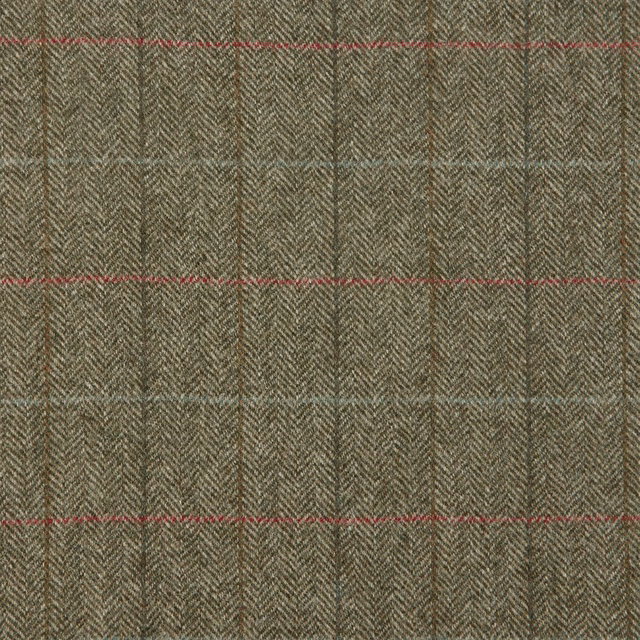 Forest olive herringbone plaid with fine red and blue-grey woven stripes