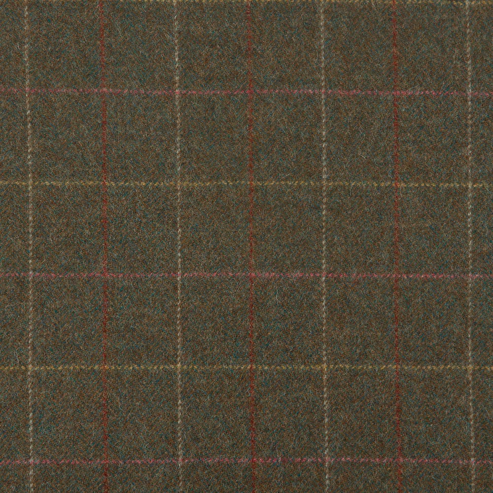 Myrtle olive-brown plaid with burgundy and tan lines on a softly napped surface