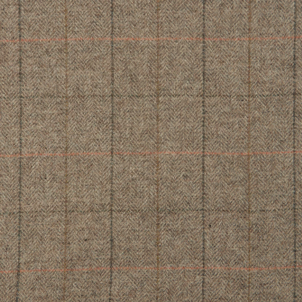 Warm taupe herringbone upholstery fabric with charcoal verticals and subtle peach plaid lines