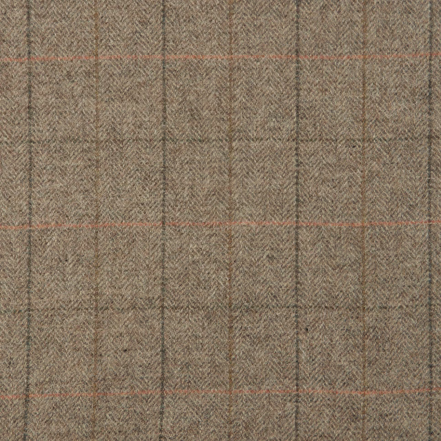 Warm taupe herringbone upholstery fabric with charcoal verticals and subtle peach plaid lines