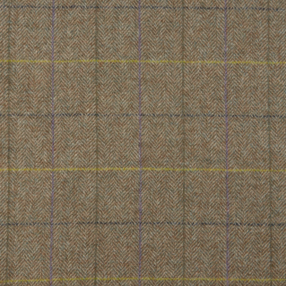 Muted olive-brown herringbone fabric with fine checks and coloured woven lines
