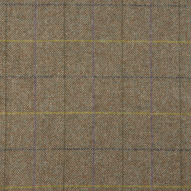 Muted olive-brown herringbone fabric with fine checks and coloured woven lines