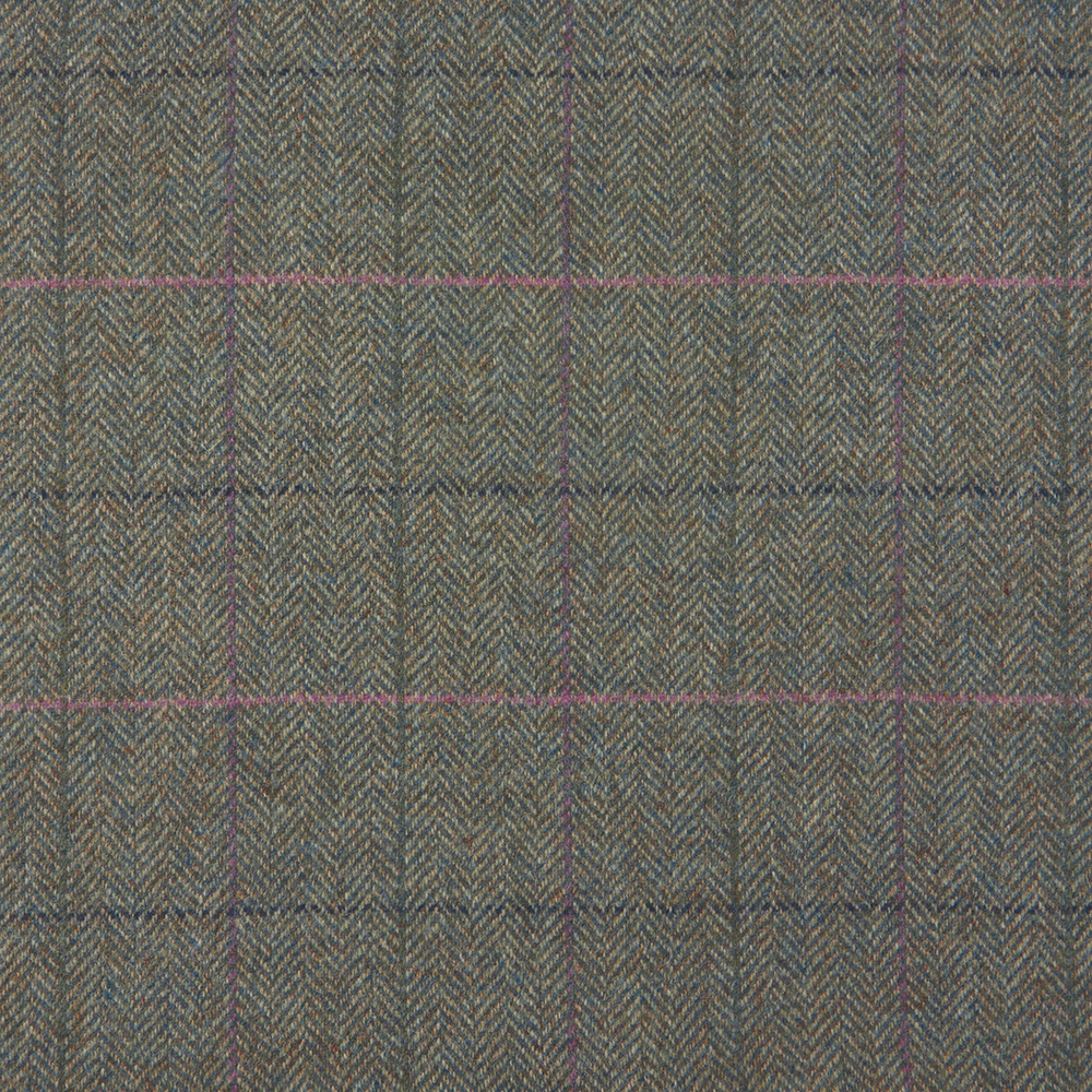 Deep teal herringbone weave with fine pink grid lines and flecked texture