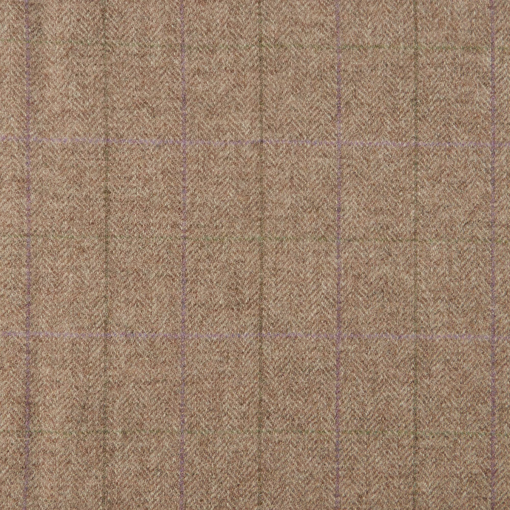 Warm taupe-brown herringbone weave with faint lilac-grey plaid lines