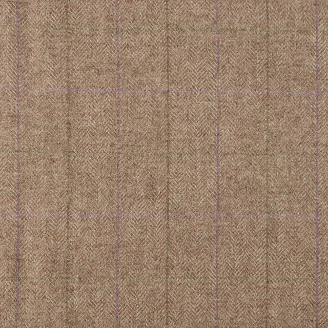 Warm taupe-brown herringbone weave with faint lilac-grey plaid lines