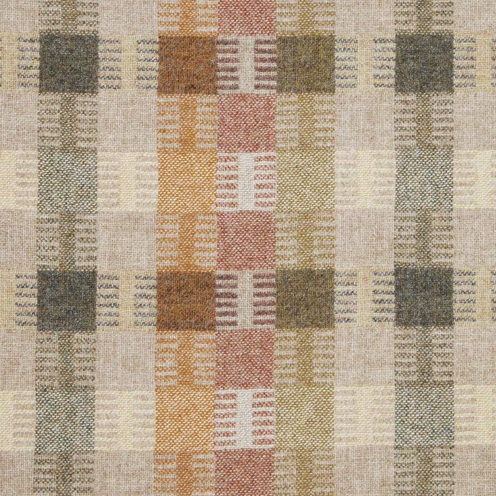 Oatmeal woven textile with ochre, terracotta and olive-grey geometric blocks