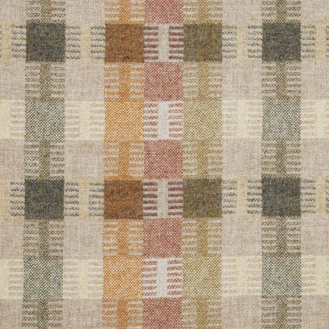 Oatmeal woven textile with ochre, terracotta and olive-grey geometric blocks