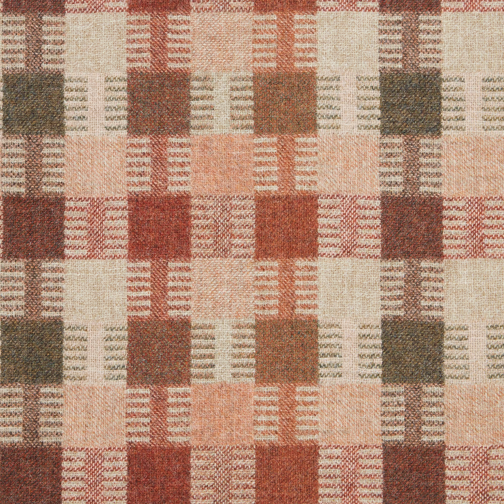 Muted terracotta geometric check with cream blocks, brown accents and olive-grey squares
