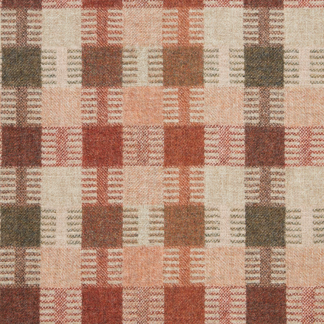 Muted terracotta geometric check with cream blocks, brown accents and olive-grey squares