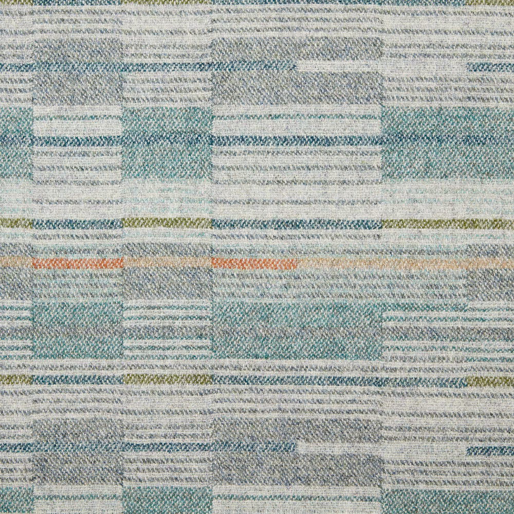 Muted teal woven fabric with pale geometric bands and ochre coral accent threads