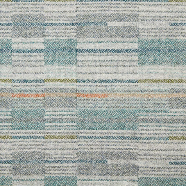 Muted teal woven fabric with pale geometric bands and ochre coral accent threads