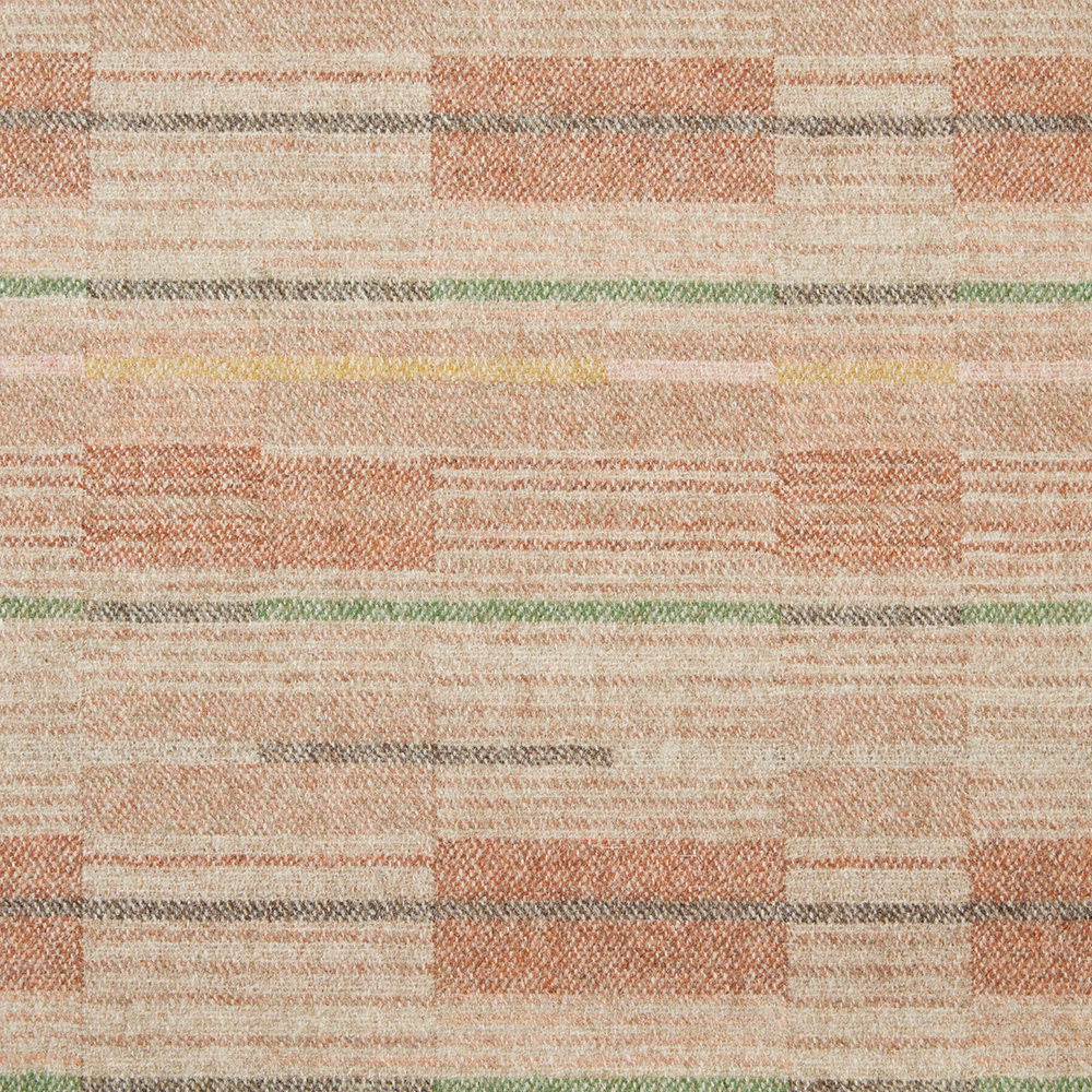 Terracotta and cream woven textile with muted green and grey horizontal lines