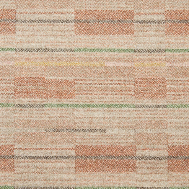 Terracotta and cream woven textile with muted green and grey horizontal lines
