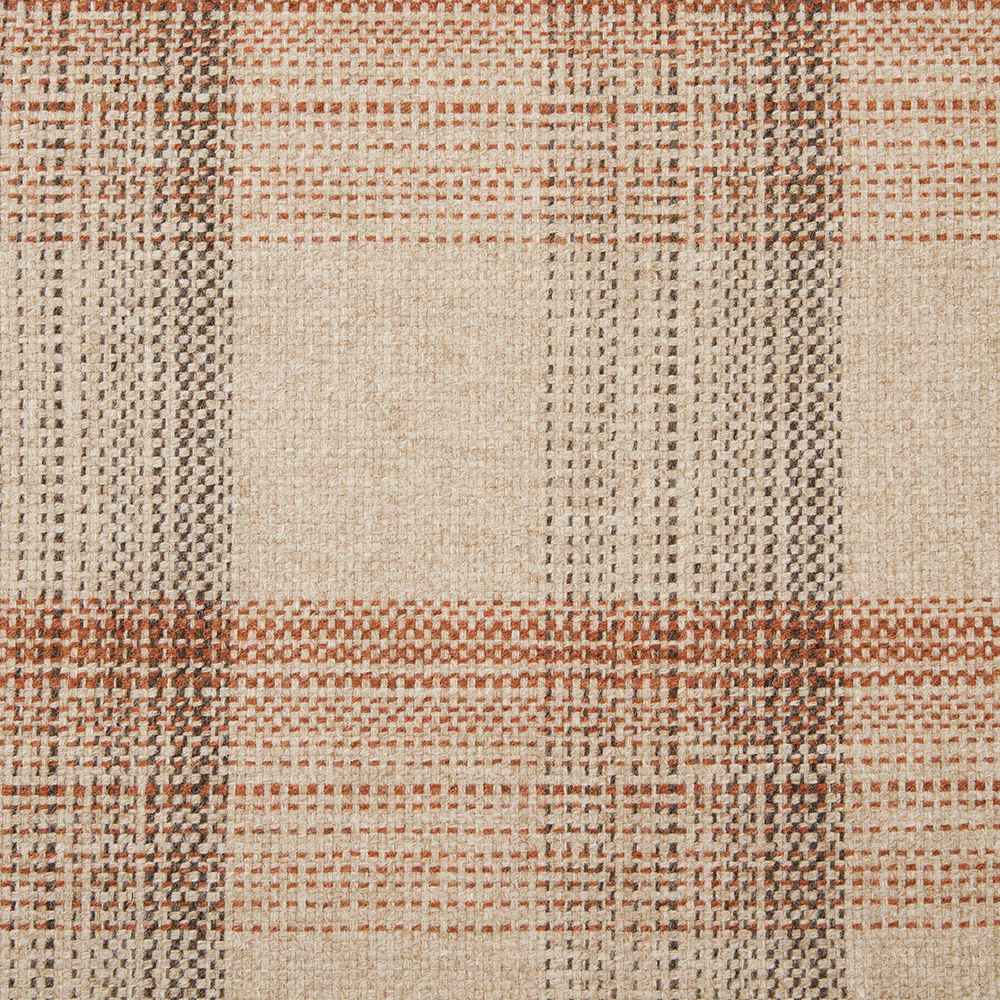 Warm terracotta and charcoal plaid woven with a nubby oatmeal ground