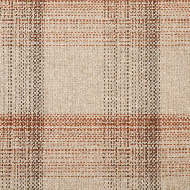 Warm terracotta and charcoal plaid woven with a nubby oatmeal ground