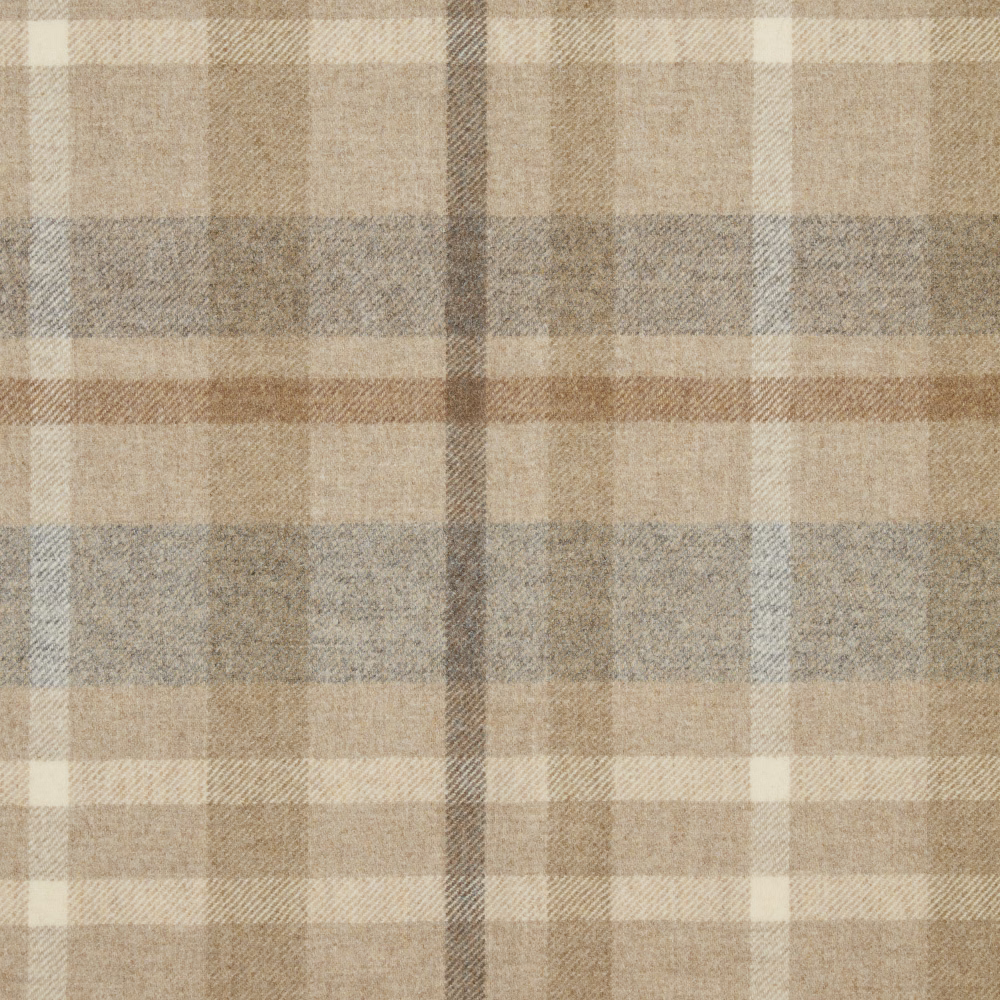 Warm clay and beige plaid with muted blue-grey bands and soft woven texture