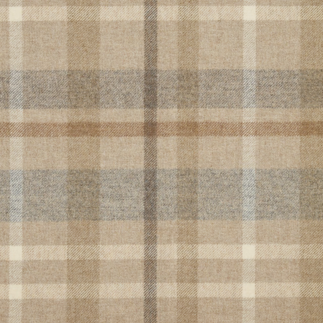 Warm clay and beige plaid with muted blue-grey bands and soft woven texture