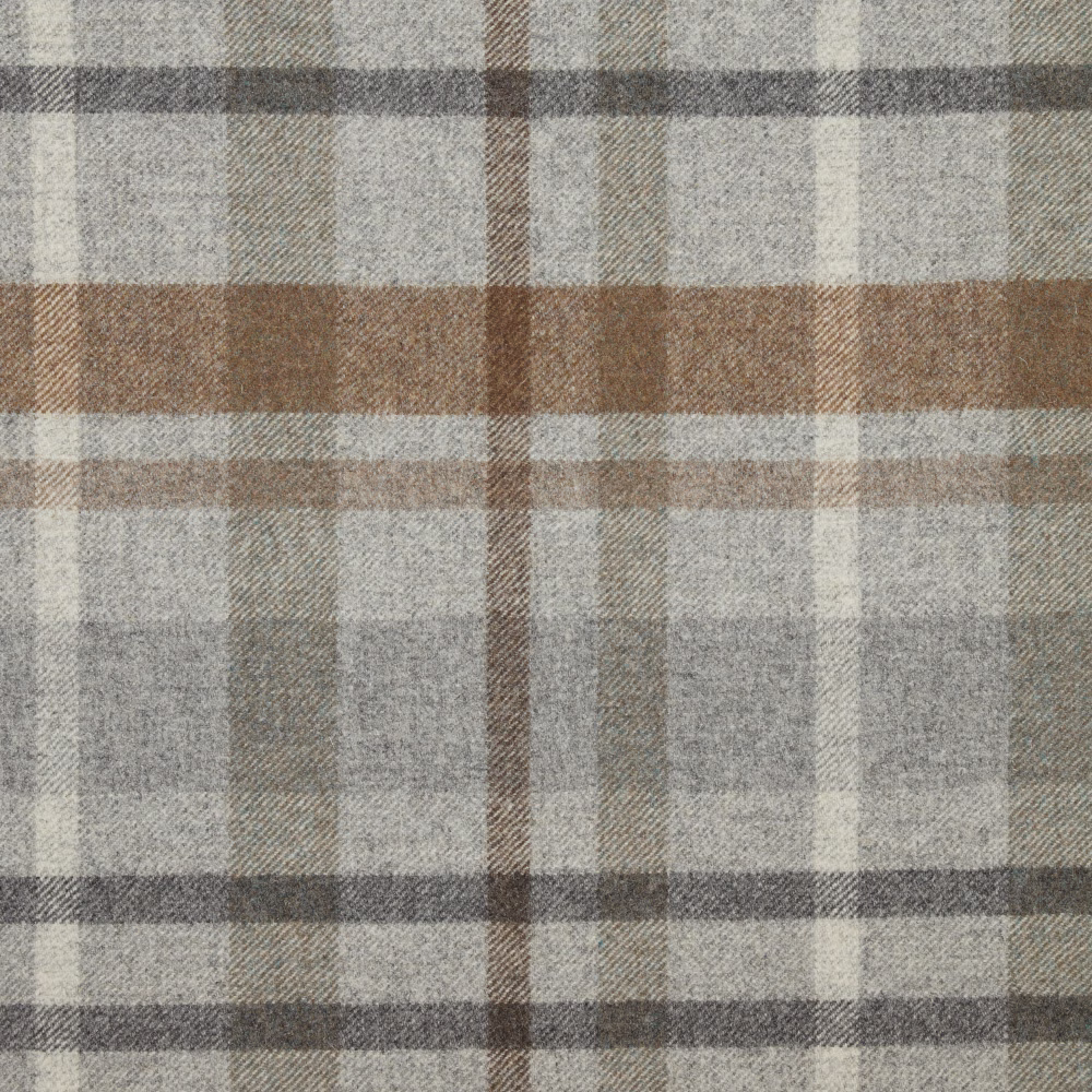Cool grey and taupe plaid with muted brown lines and grainy woven texture