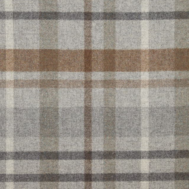 Cool grey and taupe plaid with muted brown lines and grainy woven texture