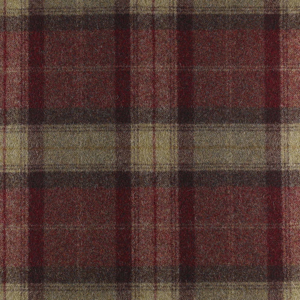 Russet and olive plaid with charcoal bands and a softly napped woven texture