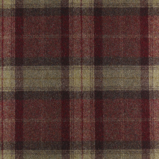 Russet and olive plaid with charcoal bands and a softly napped woven texture