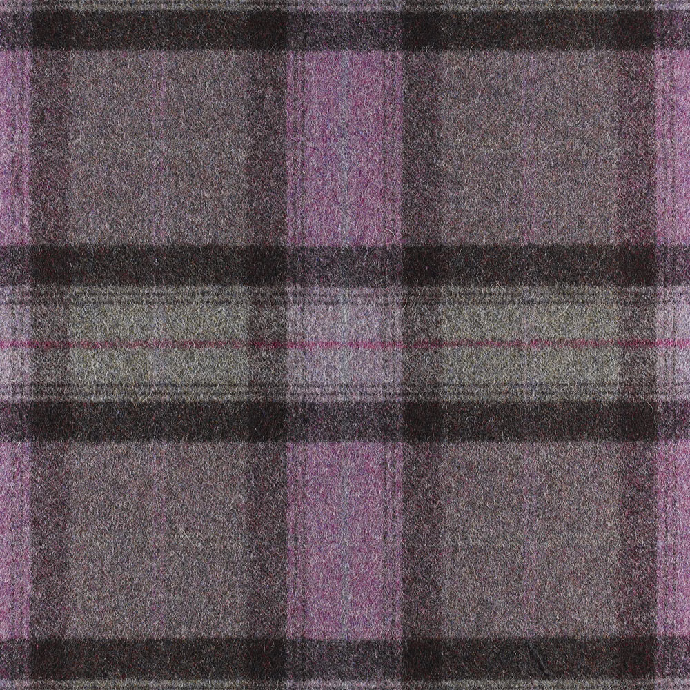 Close-up of a muted amethyst, charcoal and grey broad plaid with a softly grainy surface