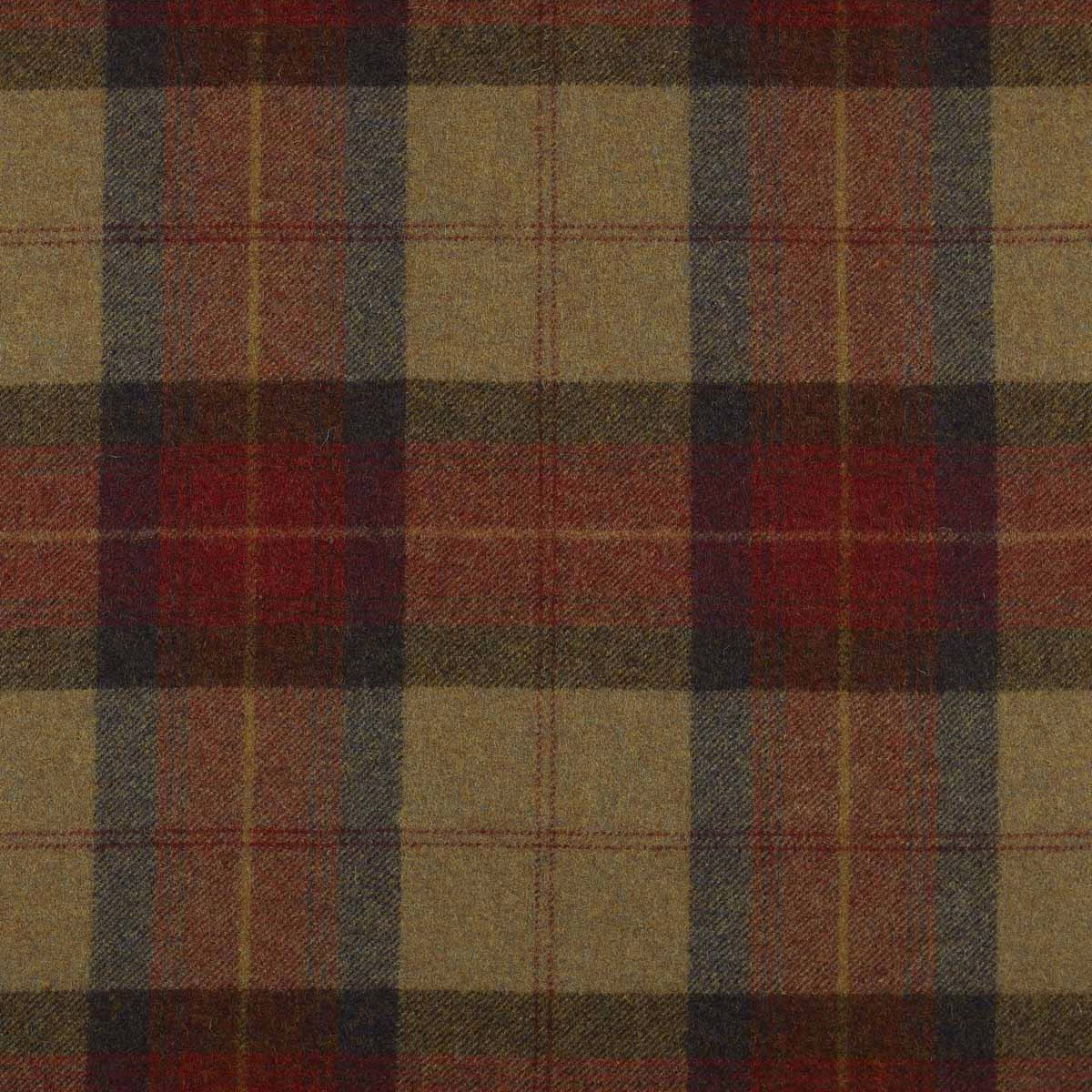Olive, claret and charcoal plaid swatch with broad checks and textured woven surface