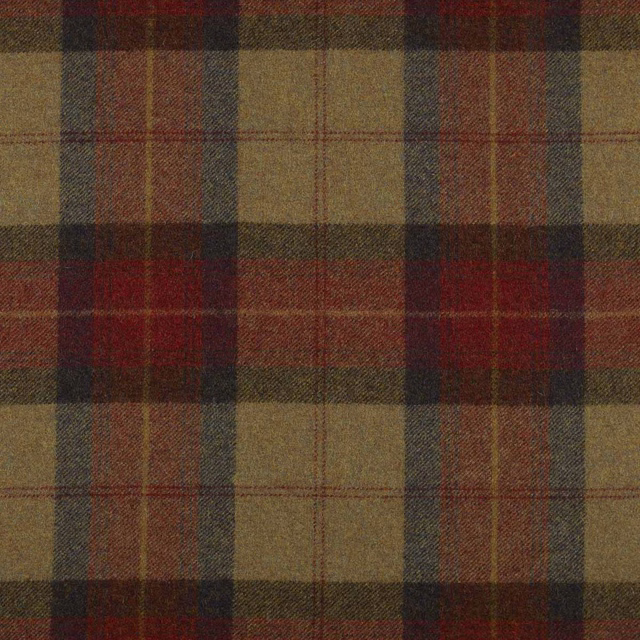 Olive, claret and charcoal plaid swatch with broad checks and textured woven surface