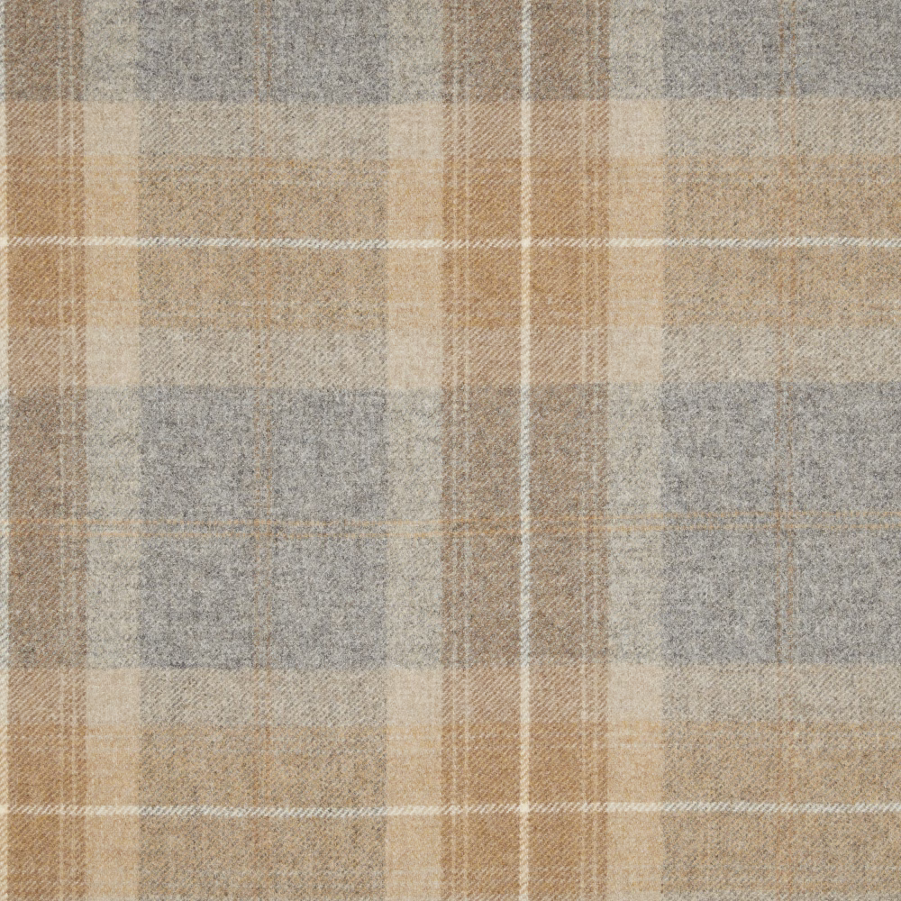 Warm clay taupe plaid with soft grey blocks, cream lines and a flecked woven texture