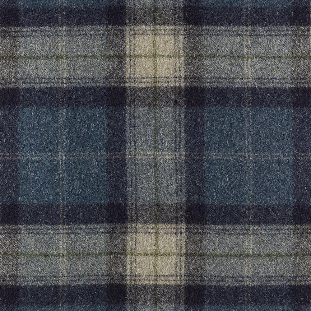Textured deep blue and charcoal plaid with grey and muted olive crossbars