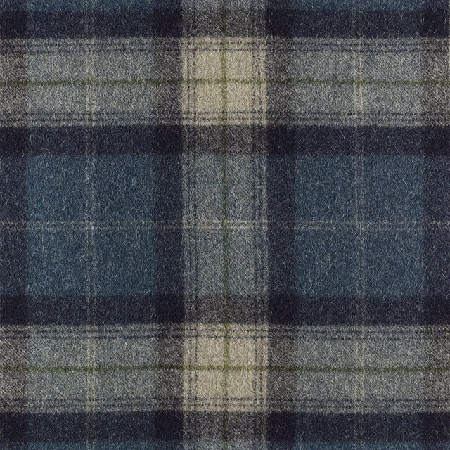 Textured deep blue and charcoal plaid with grey and muted olive crossbars