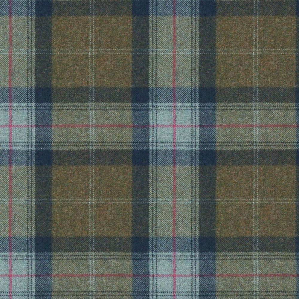 Muted olive plaid with navy blocks, pale blue checks and fine magenta lines