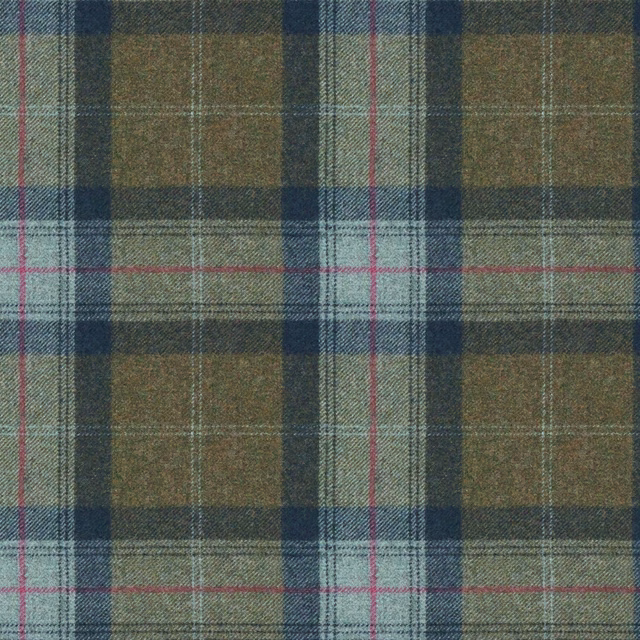 Muted olive plaid with navy blocks, pale blue checks and fine magenta lines