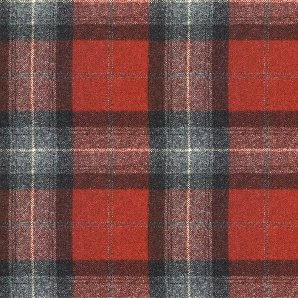 Deep red, charcoal and grey woven plaid with fine cream overcheck lines