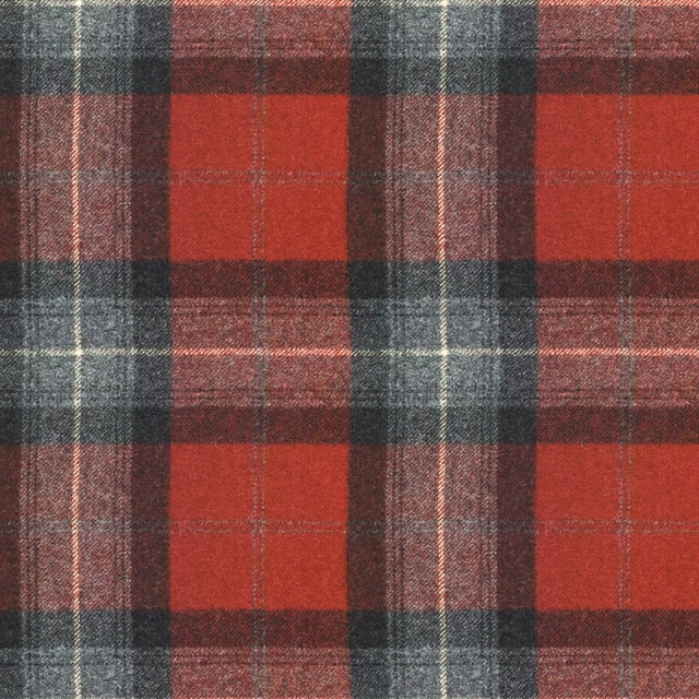 Deep red, charcoal and grey woven plaid with fine cream overcheck lines