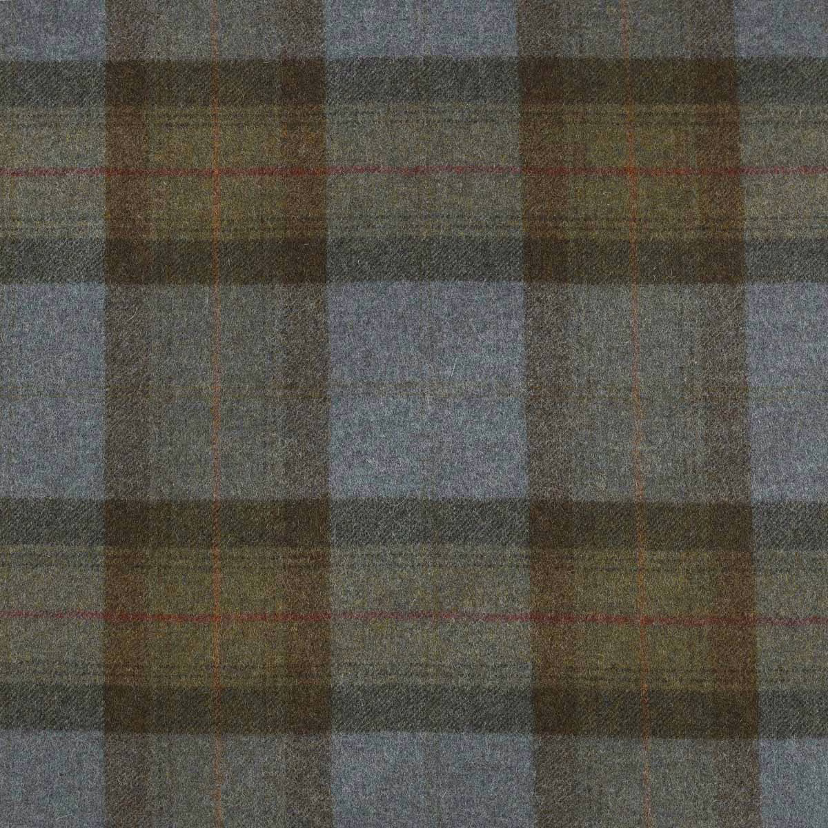 Textured blue-grey, olive and brown plaid with fine red woven lines
