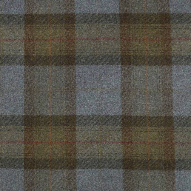 Textured blue-grey, olive and brown plaid with fine red woven lines