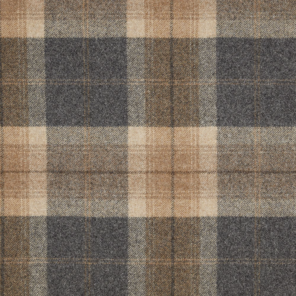 Taupe-grey plaid upholstery fabric with charcoal, beige and brown woven checks