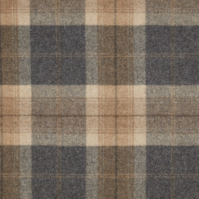 Taupe-grey plaid upholstery fabric with charcoal, beige and brown woven checks