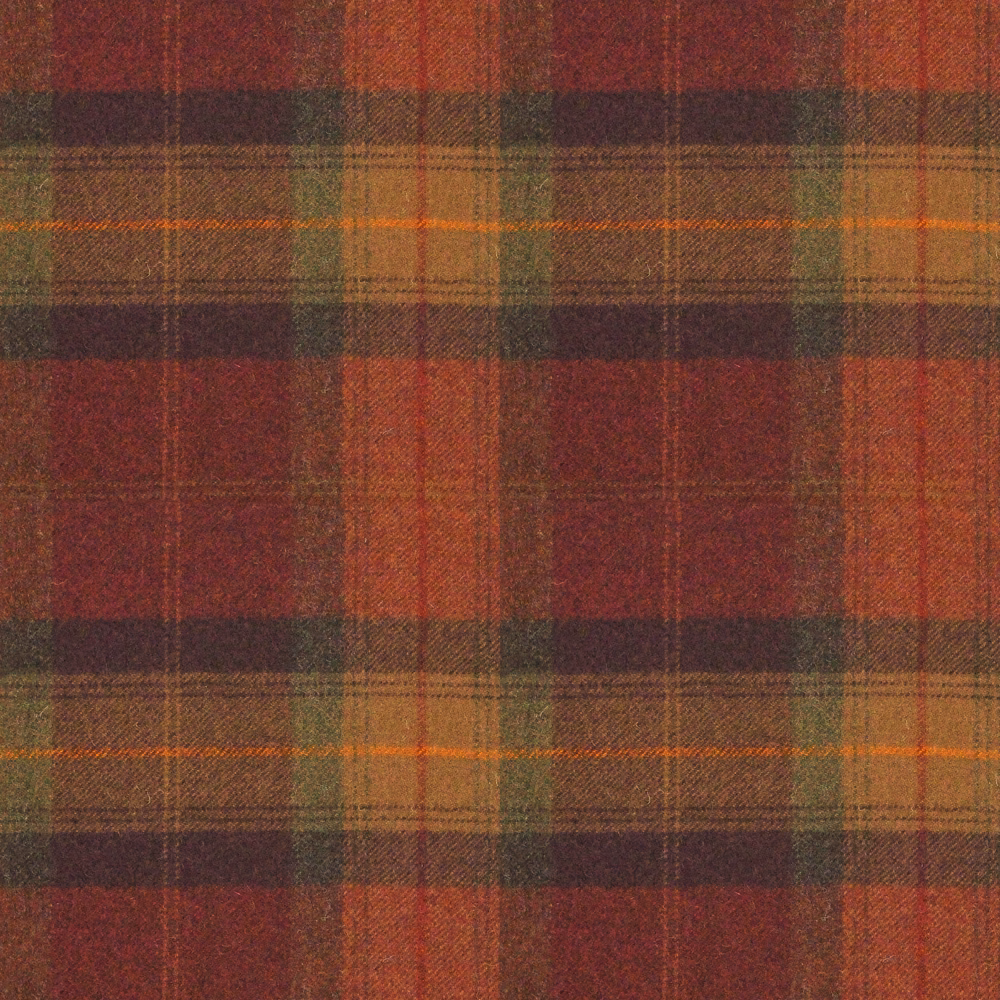 Russet, olive and mustard plaid textile with softly textured charcoal-crossed weave