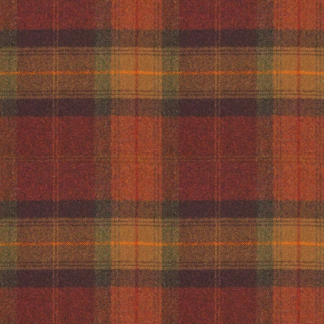 Russet, olive and mustard plaid textile with softly textured charcoal-crossed weave