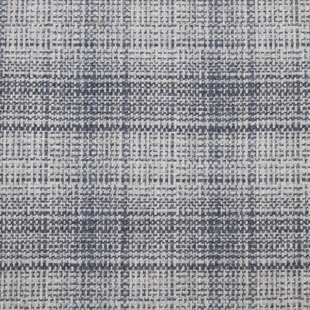 Close-up of denim blue-grey woven checks with pale flecks and horizontal bands