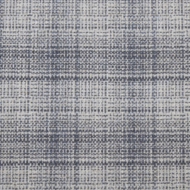 Close-up of denim blue-grey woven checks with pale flecks and horizontal bands