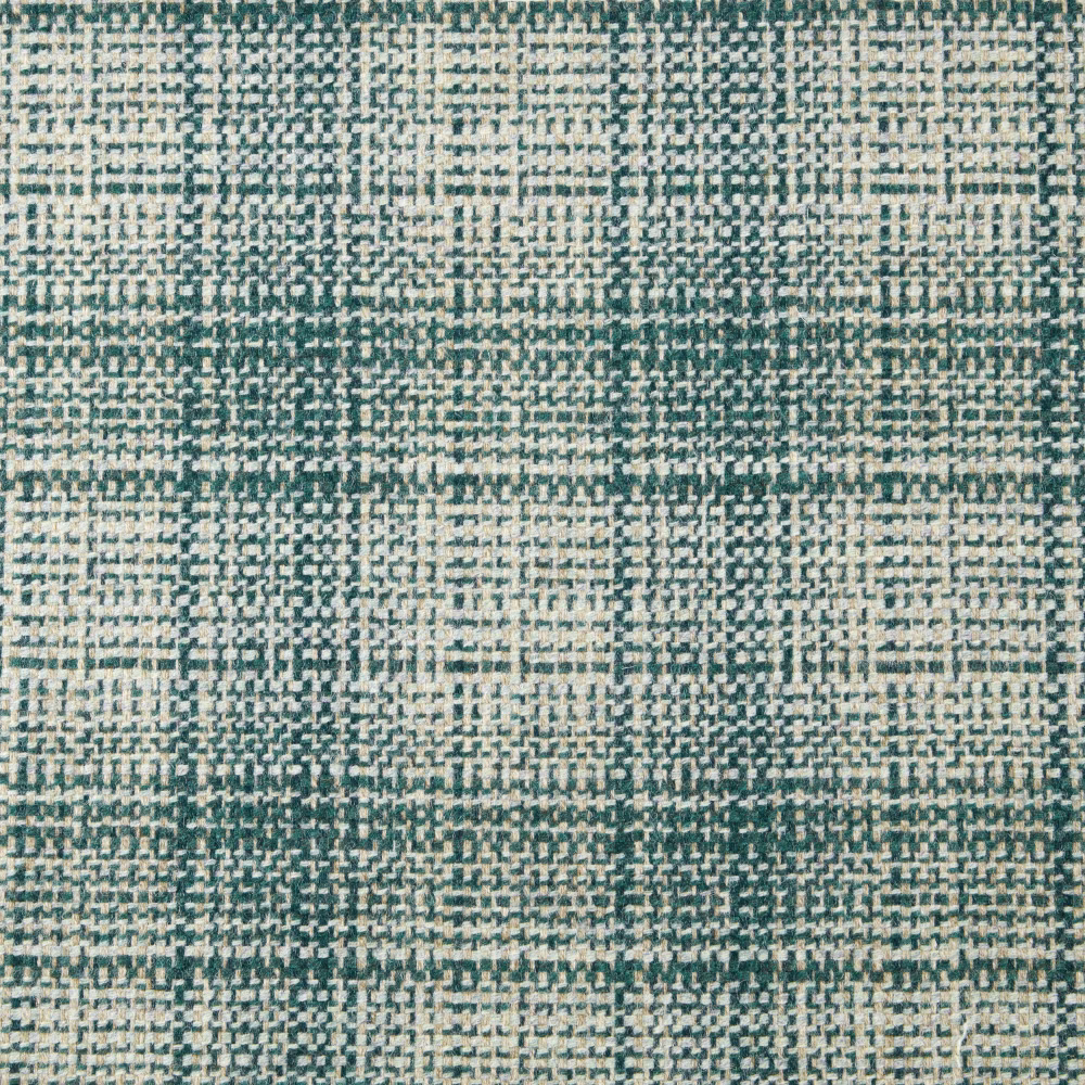 Close-up of muted teal and cream textured check weave with irregular horizontal bands