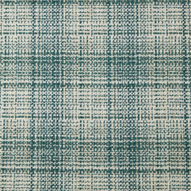 Close-up of muted teal and cream textured check weave with irregular horizontal bands